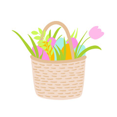 Easter basket with eggs and plants. Hand drawn Easter greeting card. Wicker basket with coloured eggs and flowers. Design for textile, greeting cards, invitation, home decor.