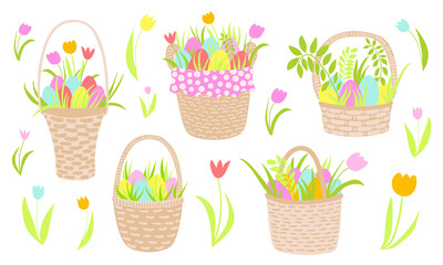 Easter basket set. Vector baskets with eggs and plants. Hand drawn Easter greeting card. Wicker basket with coloured eggs and green grass. Vector stock illustration. Happy Easter clip art.