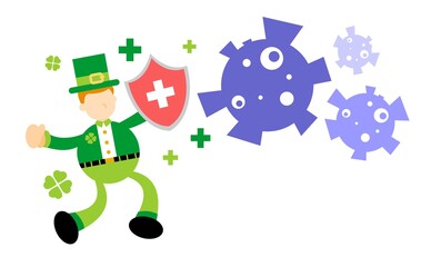 leprechaun shamrock celtic protection fight against corona virus pathogen cartoon doodle flat design style vector illustration