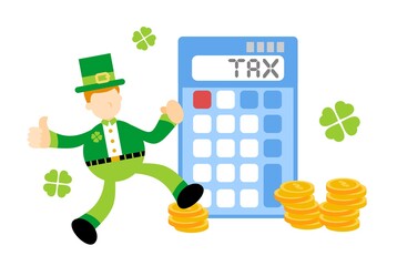 leprechaun shamrock celtic and calculator finance money tax cartoon doodle flat design style vector illustration