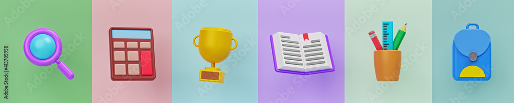Poster simple set of school objects icons. minimal trendy banner. 3d rendering