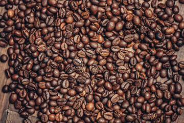 coffee beans scattered wood background morning aroma beverage preparation