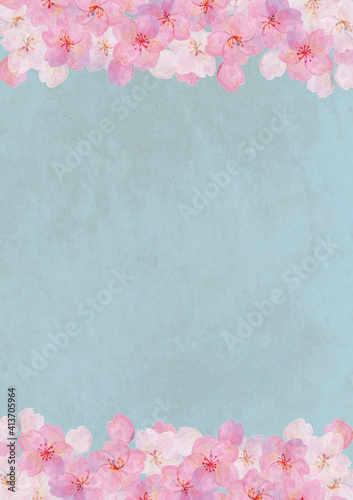レトロな水彩 空と桜の背景素材 ソメイヨシノ 花見 和風 和柄 昭和レトロ 入学 卒業 Wall Mural Aoirokaeru