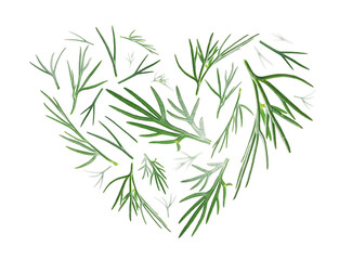 Green sprigs of dill in the shape of a heart on a white background