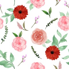 Pretty Red Pink Rustic Floral Seamless Pattern