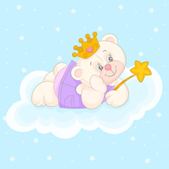 A white bear with a golden crown lying on a cloud 