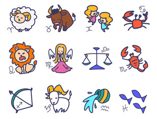 かわいい十二星座のイラストセット Cute cartoon zodiac vector illustration