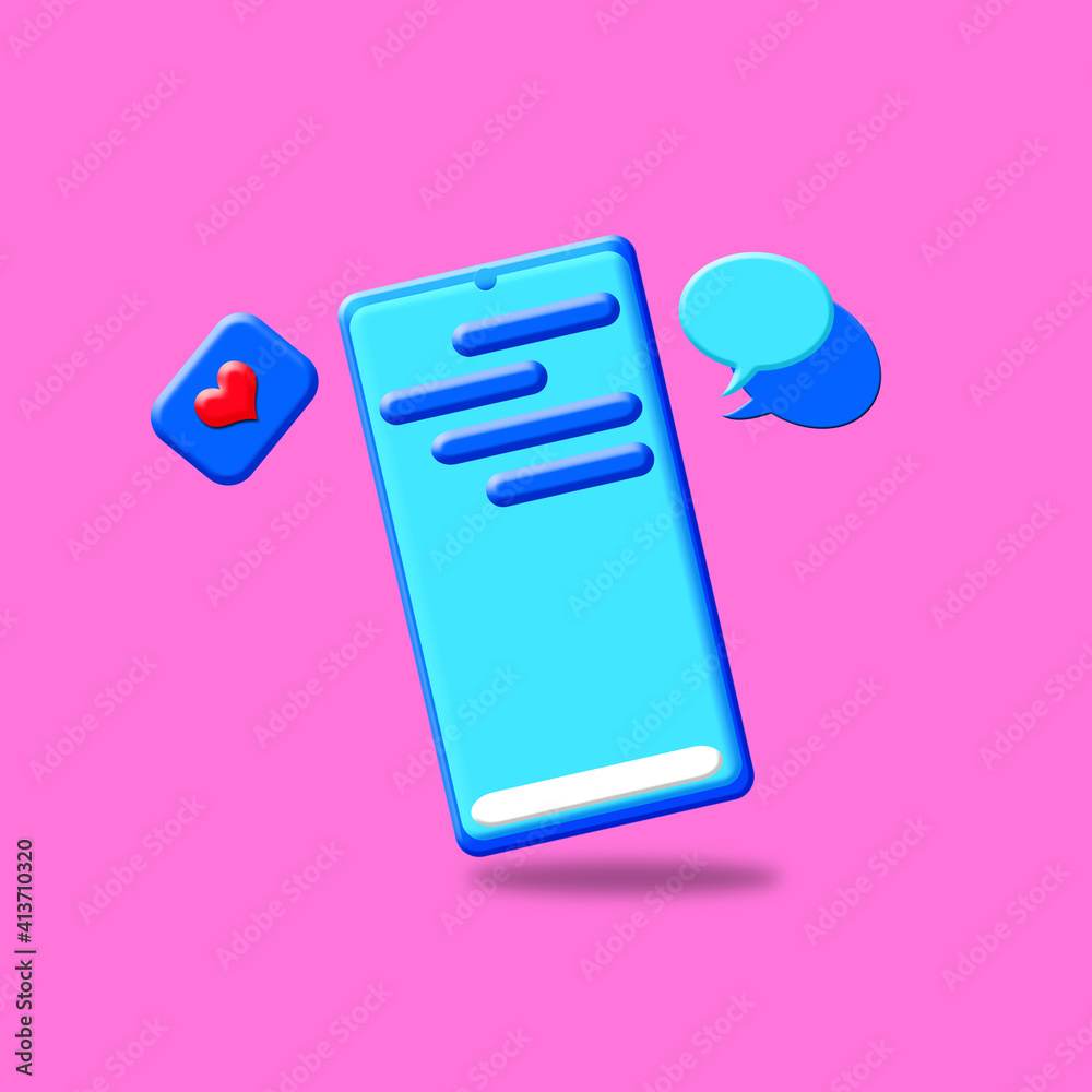 Poster cute gradient chat bubbles on a smartphone isolated on pastel pink background. concept of social med