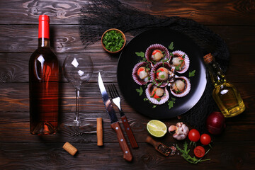 Fresh scallops with a bottle of rose wine with spices and vegetables