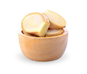  bowl of ginger root sliced on white background