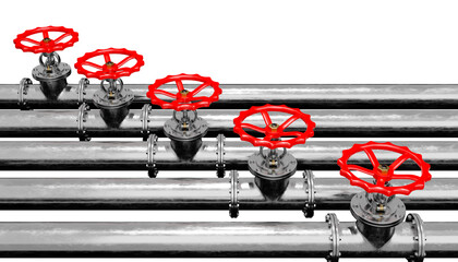 3D render glossy metal pipes with valves on a white background.Illustration of a digital image for industrial.