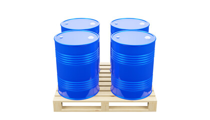 3d render of a group of blue metal barrels on a pallet.Illustration of a digital image for industrial and business.