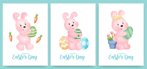Obraz na płótnie Canvas Easter day greeting card with cute rabbit and easter egg.