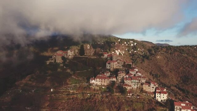 Bajardo aerial view. Village town in mountain countryside. Baiardo landscape in Liguria Italy.