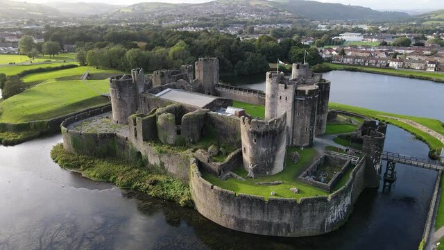 Scenic aerial view of concentric Caerphilly Castle in South Wales United Kingdom