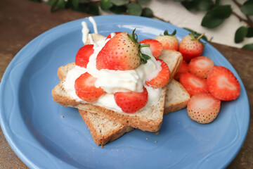 bread, toast with whipped cream and strawberry