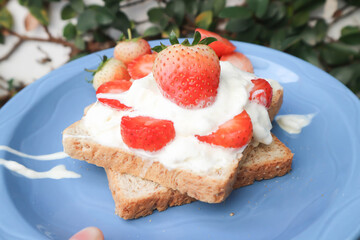 bread, toast with whipped cream and strawberry