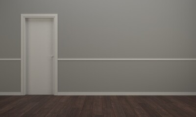 3d rendering of an empty room with a door, wooden floor and grey wall