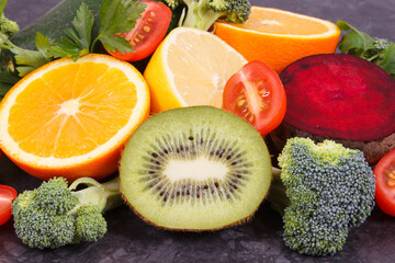 Fresh fruits and vegetables, nutritious dessert as source healthy minerals and vitamins