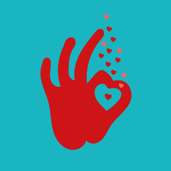 OK hand sign with heart . Template for Valentine's day cards.