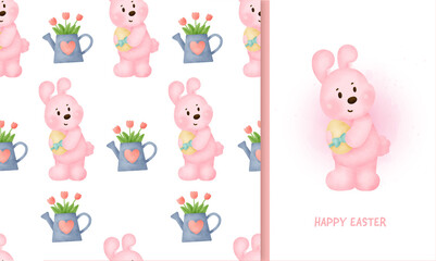  seamless pattern Easter day with rabbit and greeting card in water color iillustration.