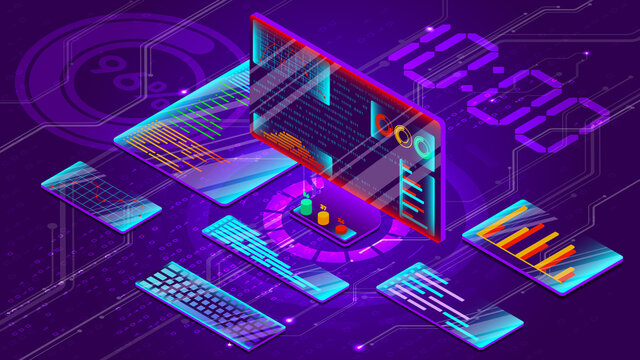 Data analysis on a personal computer. Displays information and graphs on additional screens. Concept of programming applications. The interface of the future. Vector illustration in isometric style.