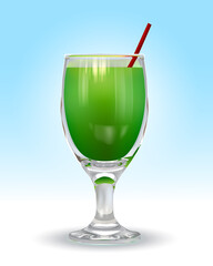 Photo realisticc vector design. Glass of kiwi juice isolated on the light blue background.