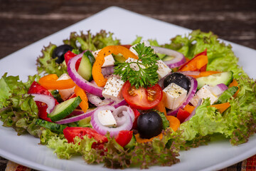 Fresh vegetable greek salad, close up