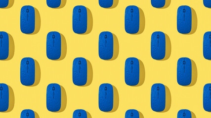 A pattern of blue computer mice on a yellow background.