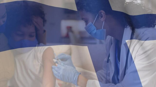 Animation of flag of finland with masked gloved doctor giving patient vaccination