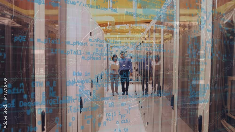 Poster Animation of scope scanning and data processing people in tech room with computer servers