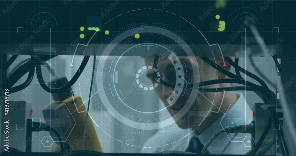 Poster animation of scope scanning and data processing over man checking computer server