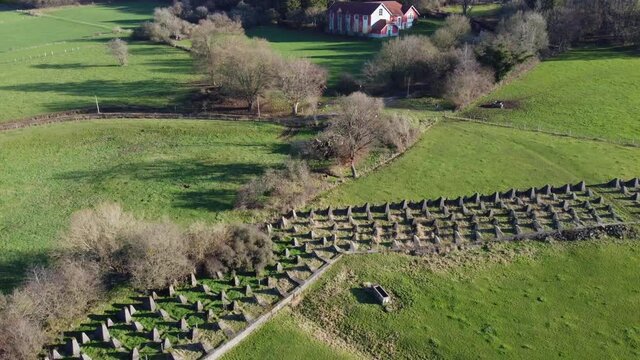 Aerial View from Siegfried Line, also known as Dragon Teeth with a house in the background. German defensive lines during the Second World War, near the city of Aachen.