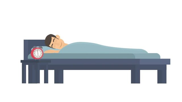 Sleeping man. Animation of a person in bed, the alpha channel is turned on. Alarm clock, cartoon