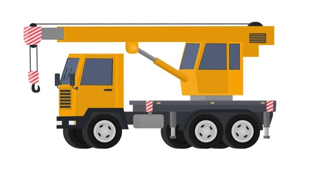 Truck with a crane. Construction equipment animation, alpha channel enabled. Cartoon