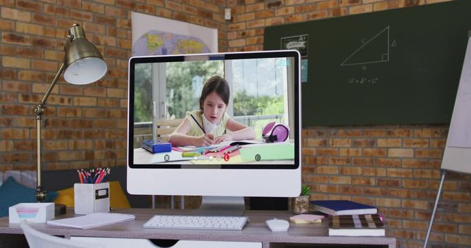 Caucasian schoolgirl learning displayed on computer screen during video call