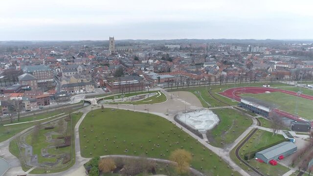 Aerial Shot Tongeren City and De Motten Recreation Park on Cloudy Day
