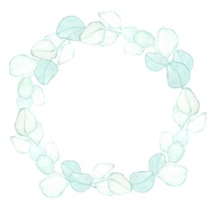 Round frame made of eucalyptus leaves in bed colors