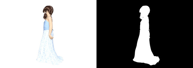 Girl in a long dress pose 01, each shot at an angle of 15 degrees. Template for collage in image processing software e.g. Photoshop etc. with a matching alpha mask. 3d rendering, 3d illustration.