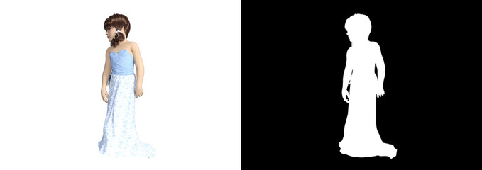 Girl in a long dress pose 01, each shot at an angle of 15 degrees. Template for collage in image processing software e.g. Photoshop etc. with a matching alpha mask. 3d rendering, 3d illustration.