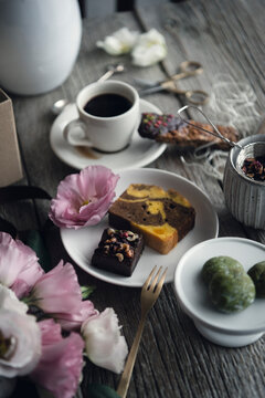 High angle view of food and coffee with roses on table