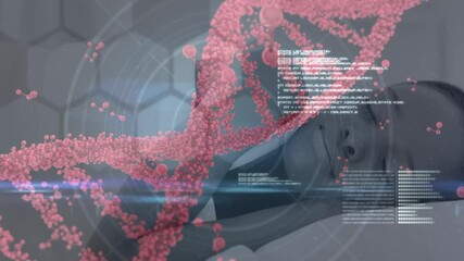 Animation of 3d dna strand spinning and data processing over sleeping woman - Powered by Adobe