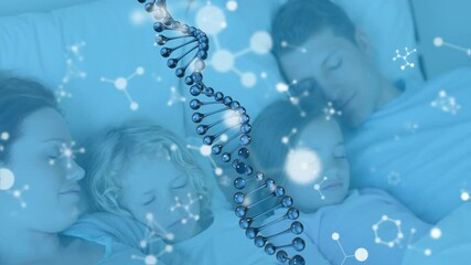 Animation of 3d dna strand spinning and molecules floating over sleeping family - Powered by Adobe