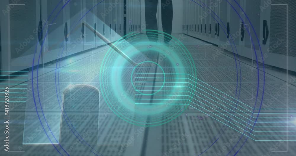 Poster animation of scope scanning over man walking in tech room with computer servers in background