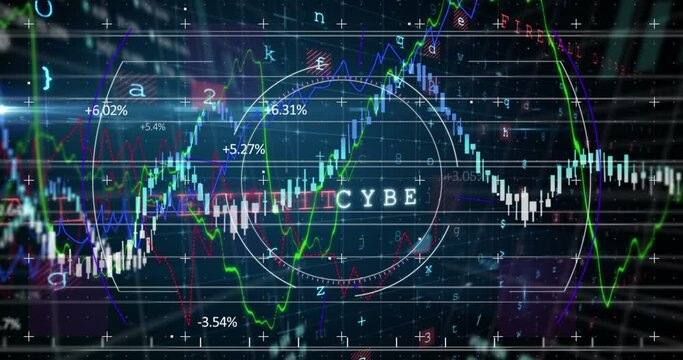 Animation of statistics recording with cyber attack warning text over grid
