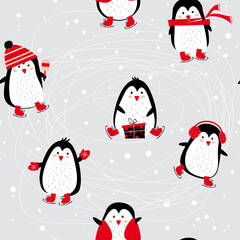 Cute penguins. Skating. Seamless pattern. Funny animals.