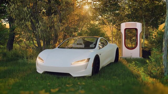 Electric car, electric vehicle beside charging station in public park side, no people, 3d render
