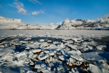 Obraz premium Ice bay, Norway, Lofoten Islands, Scandinavia, Nussfjord area