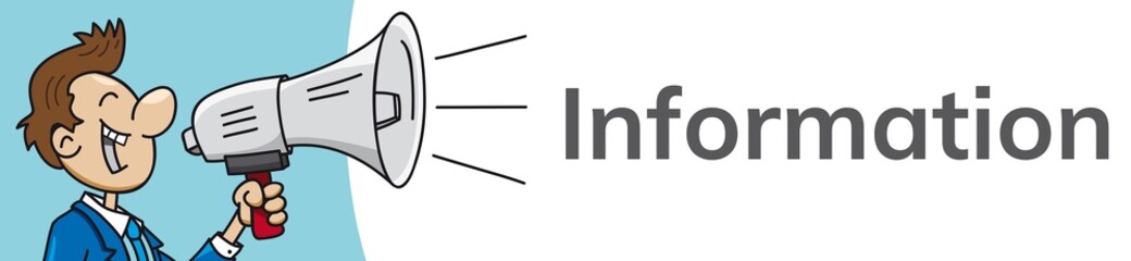 Mann mit Megafon, INFORMATION Banner, lachend im Anzug, Vektor, Illustration