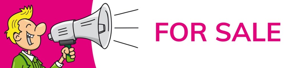 Mann mit Megafon macht Werbung für Verkauf und Vertrieb, FOR SALE Banner, Vektor, Illustration
